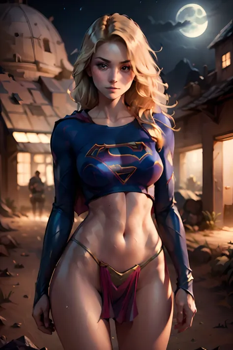 Sexy supergirl (18 years old), 1girl, long disheveled blonde hair, shy, seductive, blushing, close-up shot, HD, 8k, highly detailed, dynamic action, desert in the background, moonlight, nighttime