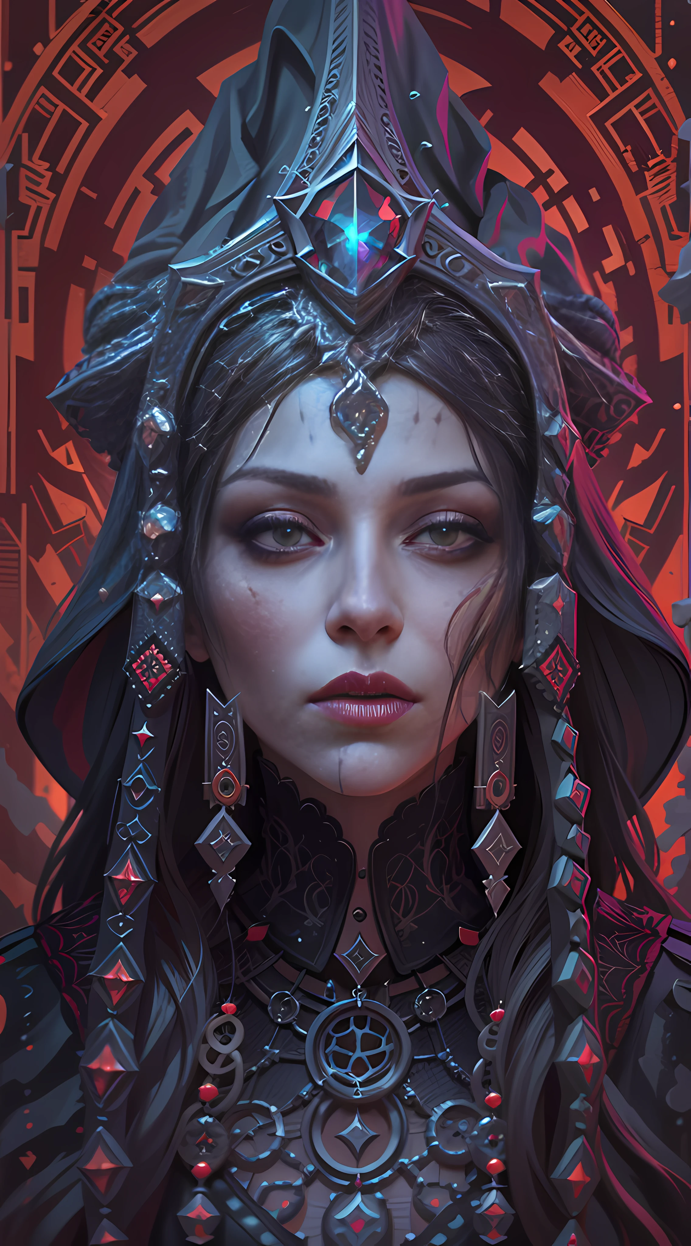 Satanic priestess Concept art portrait by Casey Weldon, Olga Kvasha, Miho Hirano, hyperdetailed intricately detailed gothic art trending on Artstation triadic colors, textured skin, cold skin pores, Unreal Engine 5 detailed matte painting, deep color, fantastical, intricate detail, splash screen, complementary colors, fantasy concept art, 8k resolution, gothic deviantart masterpiec