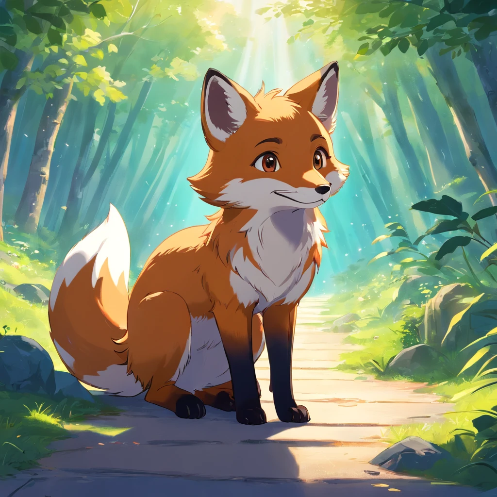 Anime fox sitting on a path in a forest - SeaArt AI