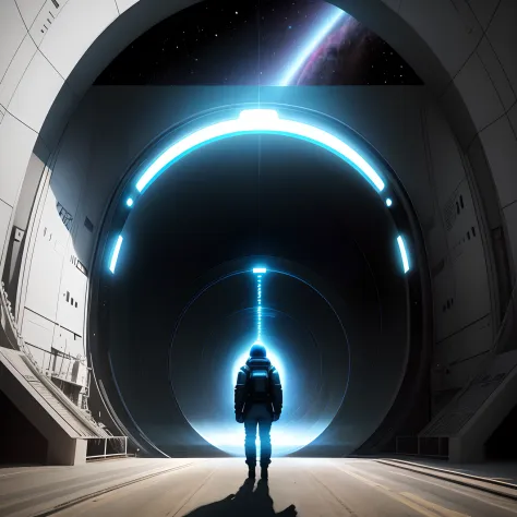 Aalfid stood in the tunnel，The background is a black hole, portal to outer space, astronaut lost in liminal space, interstellar infinity portal, 3 d render beeple, majestic interstellar portal, portal in space, Inspired by Beeple, Kolosel interstellar port...