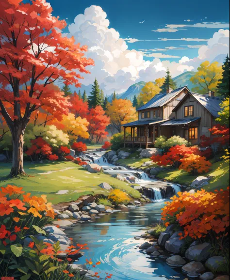Pintura gouache de montaña de niebla. paisaje vertical de otoño.  ilustración del autor con pinturas gouache.