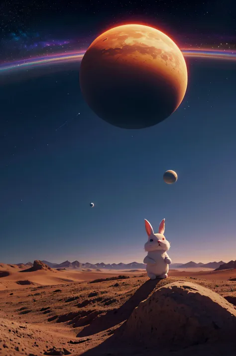 a fluffy red space-bunny, wearing high-heals, helmet off lands on a desert planet, her spaceship looks like a sunflower seed, there is a faint blue Saturn-like planet in the evening sky, all the stars are out in the purple orange alien sky, strange small t...
