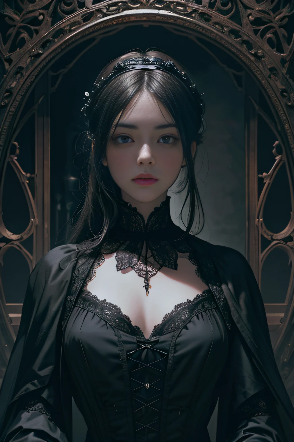 Official Art, Unity 8k wallpaper, super detailed, beautiful, beautiful, masterpiece, best quality,
darkness, atmosphere, mystery, romanticism, creepy, literature, art, fashion, victorian, decoration, intricacies, ironwork, lace, contemplation, emotional depth, supernatural,
1 girl, solo, neck, bust composition