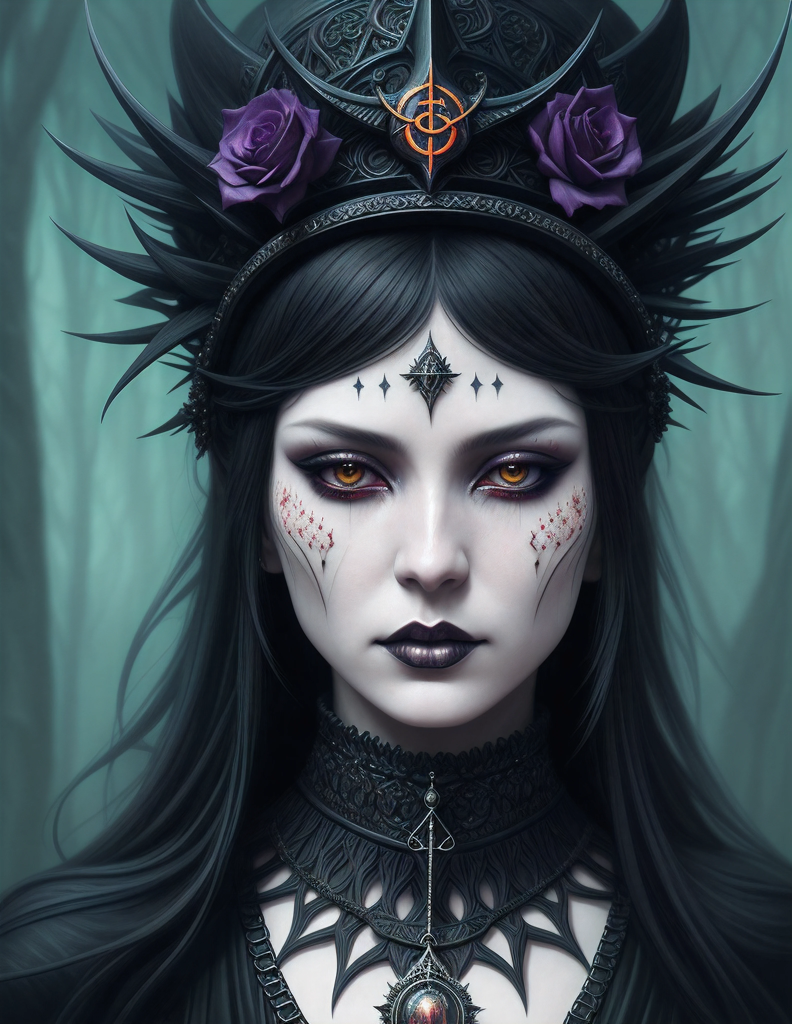 Satanic priestess Concept art portrait by Casey Weldon, Olga Kvasha, Miho Hirano, hyperdetailed intricately detailed gothic art trending on Artstation triadic colors, textured skin, cold skin pores,  Unreal Engine 5 detailed matte painting, deep color, fantastical, intricate detail, splash screen, complementary colors, fantasy concept art, 8k resolution, gothic deviantart masterpiece