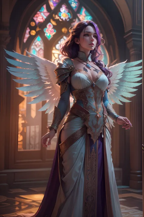 Female fallen aasimar:1.4, Stained glass wings:1.3, purple highlights in her hair:1.1, hand partially made of light:1.2, soulknife rouge:1.1, beautiful, pristine, rpg, hi res, 4k, 8k, 16k, ultrahd, realisitic, photon mapping, radiosity, cinematic lighting,...