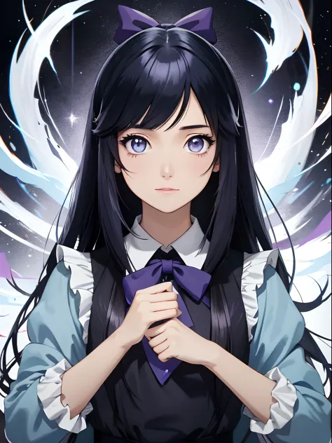 a painting of a girl with long dark blue hair and a blue bow, Kawacy, like alice in wonderland, Alice X. Zhang, portrait of alic...