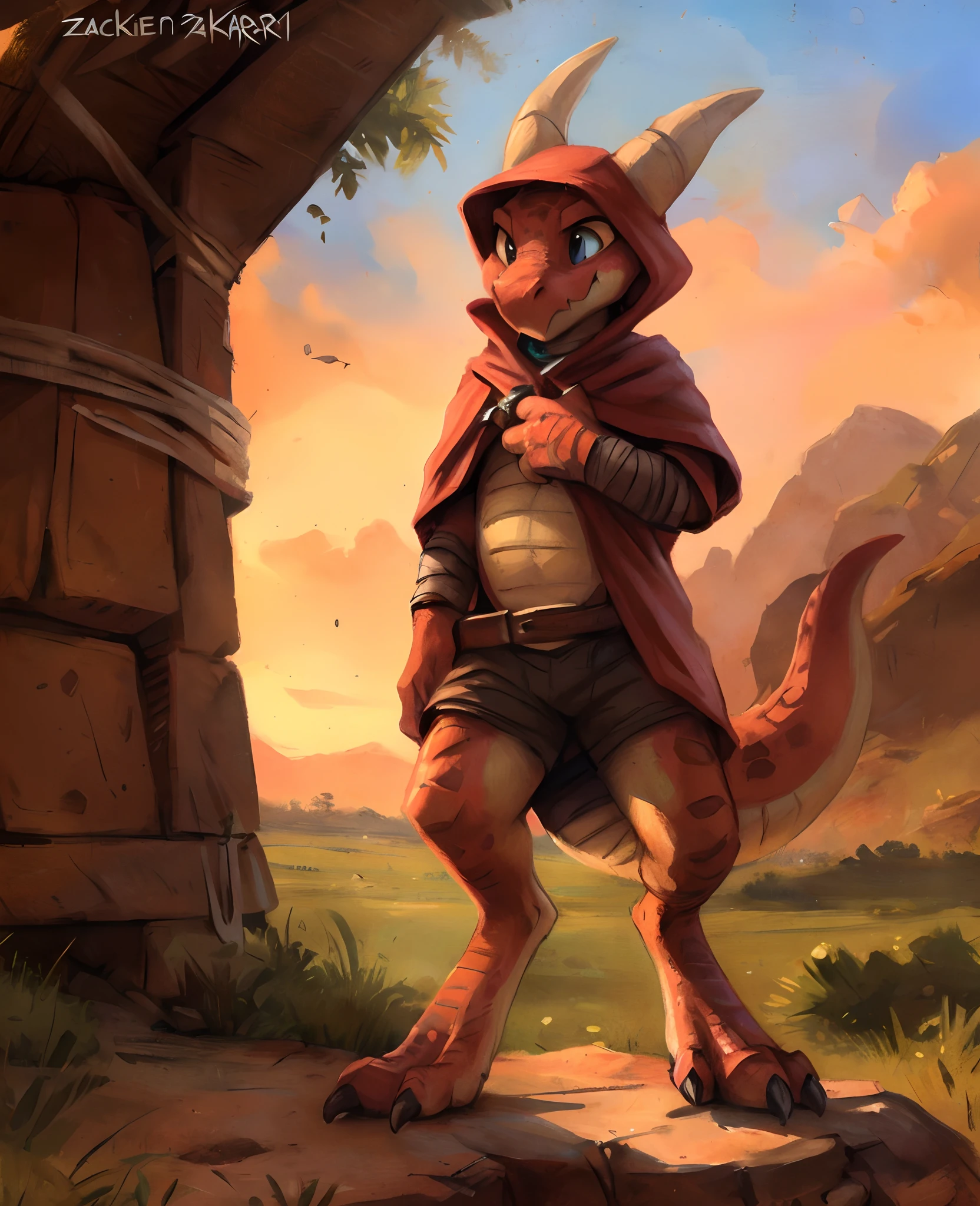 (((by Zackary911, by Kenket, by Kilinah))), solo male, bright orange skin, orange scales, (((Kobold)), (detailed kobold)) wearing a red cloak with a hood, green gem on the collar, bandaged thighs and bandaged chest, muscular toned, squirrel ears, kobold tail, messy hair, front view, looking at the observer with an embarrassed smile, blush, holding a dagger, perspective, finely detailed paws,