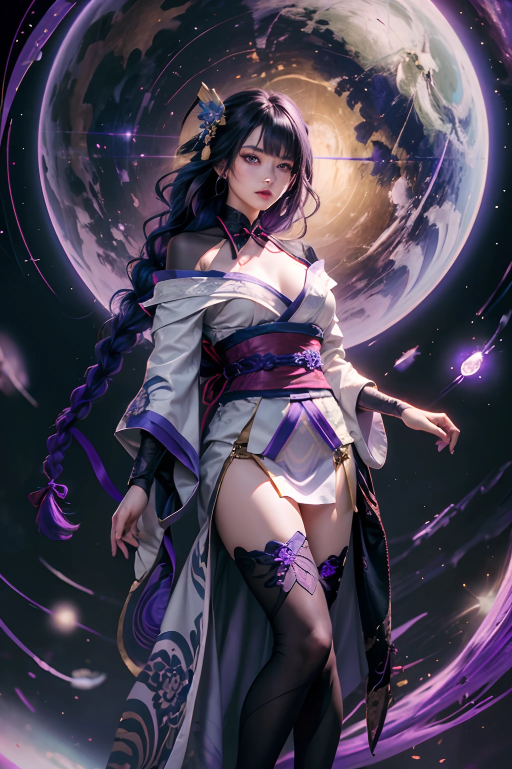 best quality, masterpiece, highres, 1girl,female,solo, mature female, raiden, 1girl, \n/,  very long purple hair purple braid, hanfu,black clothes shoulders,(collarbone:0.9), hanfu,tang style, long black stockings, solo, full body, white kimono with purple details,