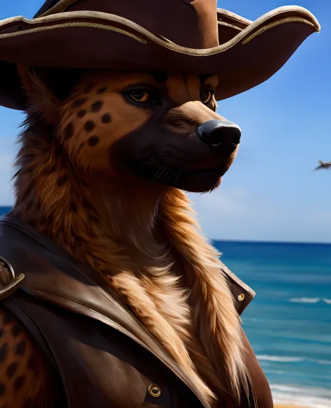 anthro, hyena, solo, female, adult, pirate, pirate hat, clothed, realistic fur, detailed background, sea background, realistic, ...