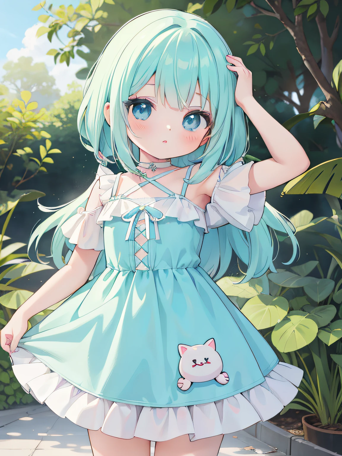 Anime-Mädchen mit blauen Haaren und weißem Kleid posiert für ein Foto, süßes Anime-Mädchen, 4K-Anime-Stil, mikudayo, , Anime-Look eines süßen Mädchens, Splash-Art-Anime , süße Anime-Waifu in einem schönen Kleid, schönes Anime-Mädchen, süße Anime-Mädchenporträts, Anime-Moe-Kunststil, süßes Anime-Porträt, Anime Hintergrundbild, Waldhintergrund