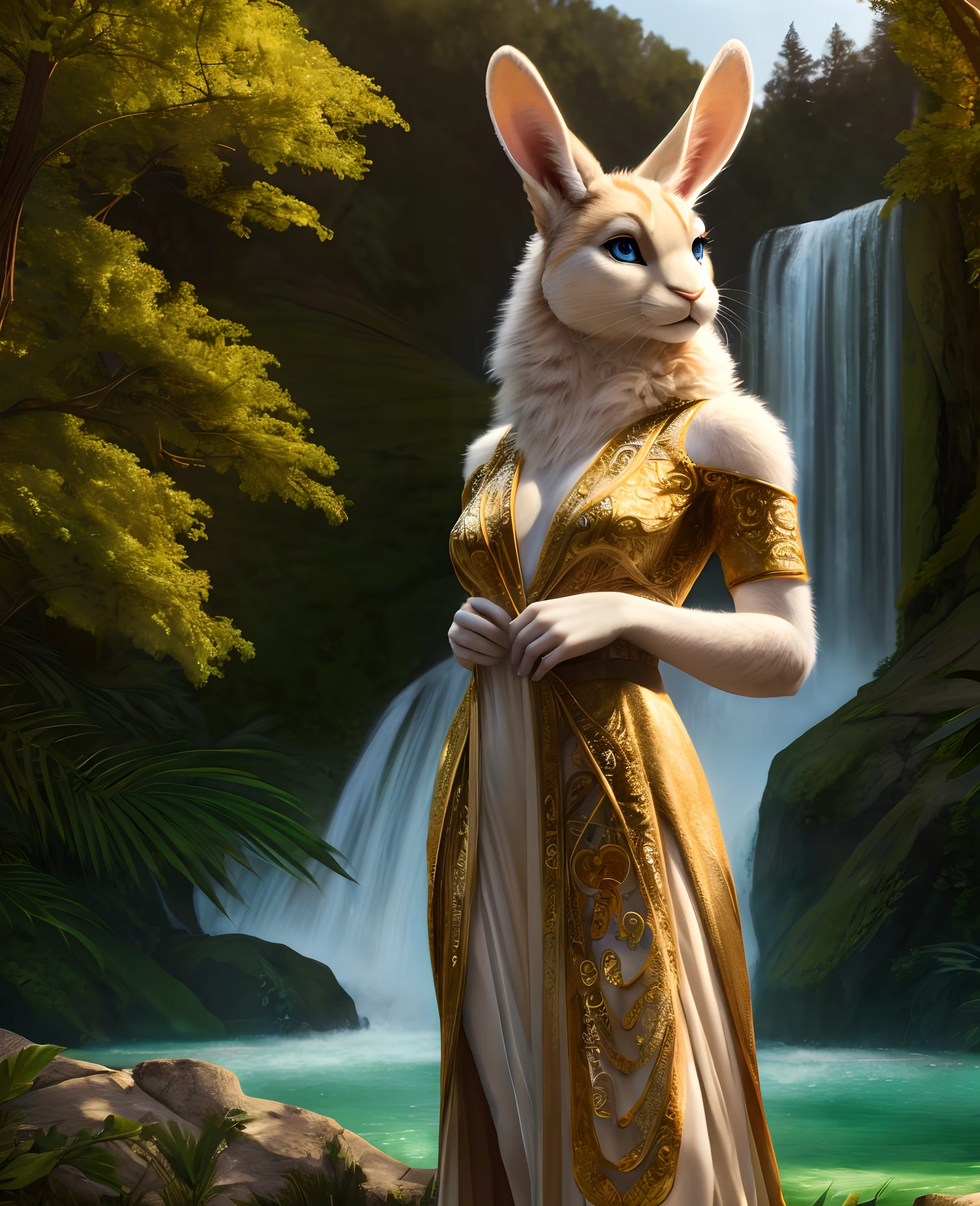 anthro, female, solo, mammal, lagomorph, leporid, (rabbit), anthrofied, soft face, kind face, alluring, bald, thin neck, ears down
whiskers, fur, tuft, (fluffy rabbit tail), detailed, (white fur), white body, blue eyes, bedroom eyes, multicolored body, multicolored fur, two tone body, two tone fur, (realistic fur, fur, realistic fur texture:1), ((detailed fluffy fur)), furry arms, furry hands
((masterpiece)), photorealistic, hyper realistic, ultra detailed, hi res, 3d (artwork), digital media (artwork), absurd res, uploaded on e621
[realistic proportions], [explicit content, adult, nsfw], [sharp focus], (cinematic lighting), (detailed lighting)
wide angle, full body, three-quarter perspective, beautiful woman, mixed race, (peacock inspired elegant detailed and modest Art Nouveau Evening Gown), posing, small breasts, small hips, intricate, high detail, 8k, dslr, hyper realism, outside, colorful scenic fantasy background, waterfall, forest, overlook, balcony, ambient light, golden hour, golden ratio, perfect lighting, (inspired by Alphonse Mucha), (masterpiece), (best quality), (detailed), (realistic), (8k)