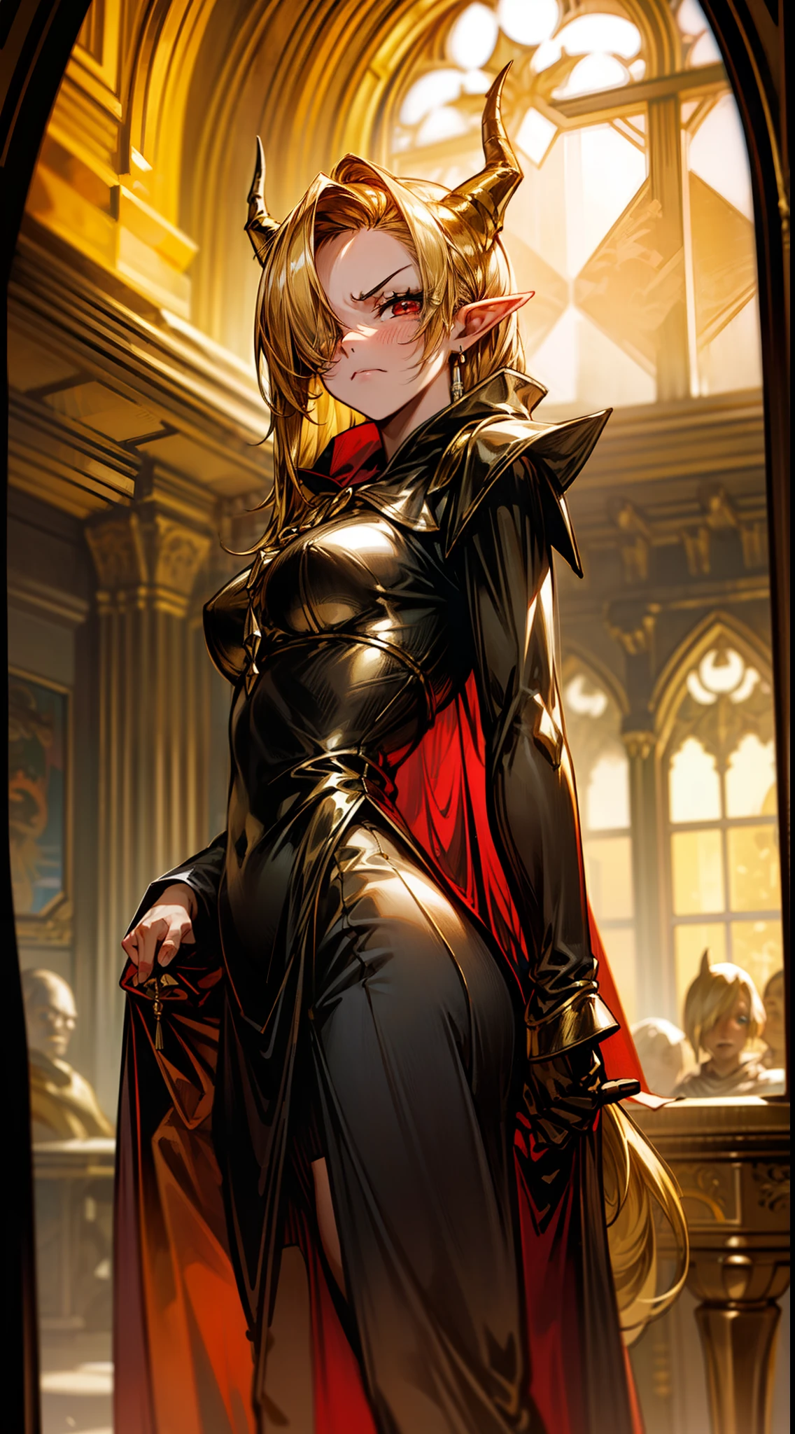 1woman,40s,solo,angry face,golden and black short dress,medium ,golden hair,long hair,red eyes,elves ears,golden horns,((cape)),hair over one eye,(((standing in front of a window inside a castle))),(((portrait)))