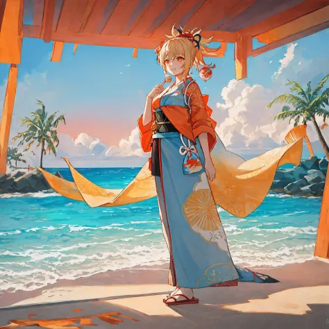 Describe a serene scene at the beach featuring Yoimiya from Genshin Impact. She stands on the sandy shore, her vibrant kimono re...