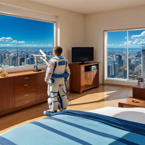 young astronaut wakes up in a huge bed in a giant room of a skyscraper. description: the room is spacious, adicionar alto, large...