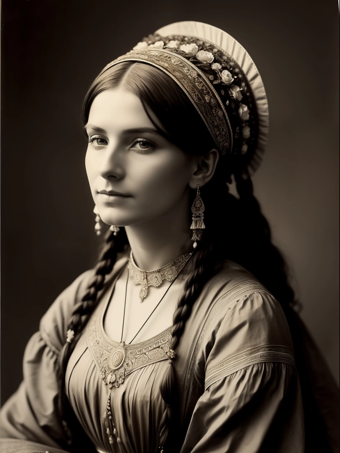 (杰作) 一位极其美丽的维多利亚时代女游牧民，头戴华丽的花朵头饰, 复古棕褐色摄影, 非常老旧且破损的照片