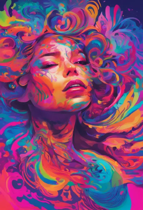 uma mulher com uma maquiagem neon e cocar , arte transgressora, foco nítido, 8 mil, octan render , cores saturadas, pastels colors