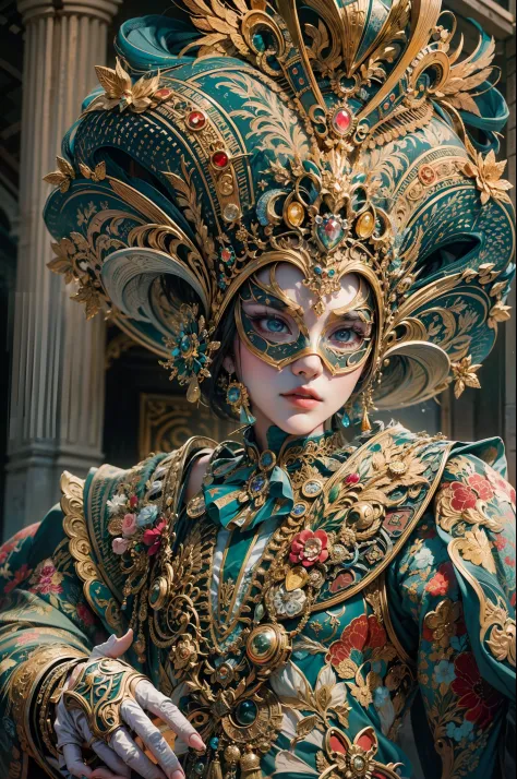 (Masterpiece, Best Quality, Hyperdetailed), Generate an alluring image of a charismatic male character reveling in the splendor of the Venice Carnival. He wears an elaborate and vividly colorful costume that pays homage to the carnival's rich history. His ...