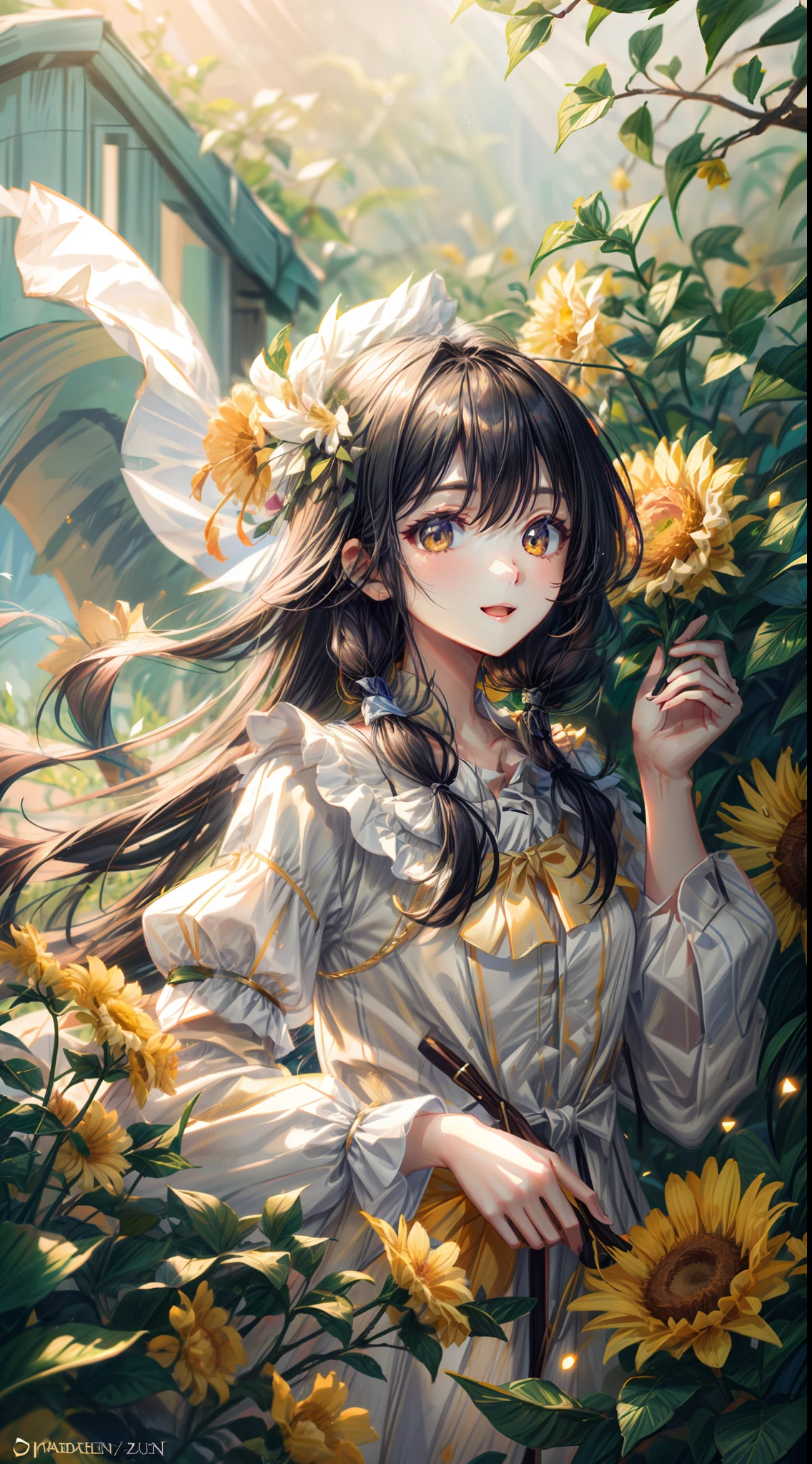 1 girl, upper body, single focus, radiant beauty, sun-themed attire, joyful smile, (sunny meadow: 1.4), (radiant happiness: 1.3), solar features, joyful aura, [depth of field, ambient lighting, sunlit meadow foreground, blissful sunshine in the background], The Sun, illumination, happiness and vitality, (radiant sunbeams), (flower-strewn path: 1.2), intricate details, enhanced lighting.
