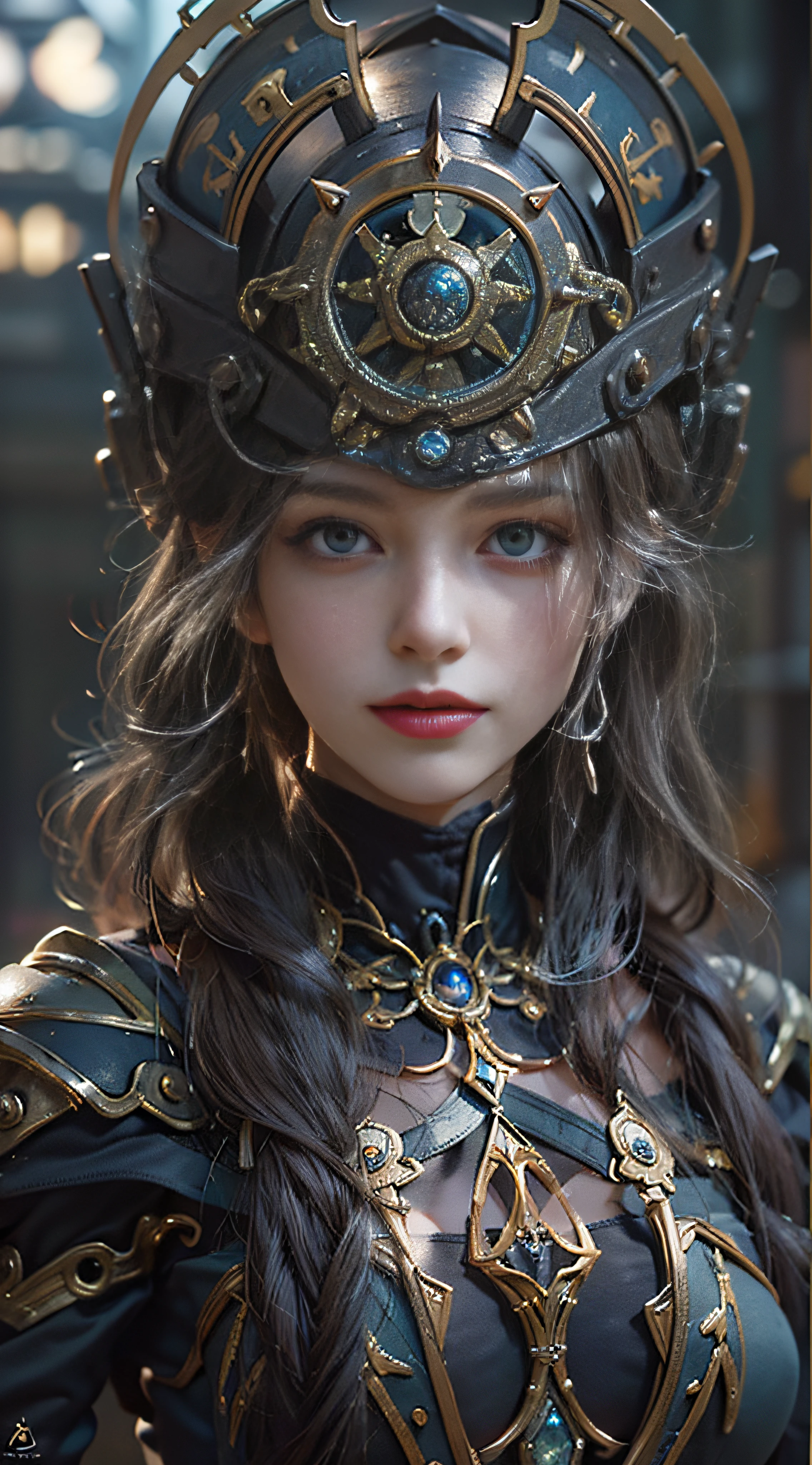 (((Masterpiece, top quality, super detailed))), (((One endless mage girl, 14 years old, radiating magic))), (((complex mechanical headgear, complex mechanical steampunk fashion and overdecorated gothic fashion and neon glitter cyberpunk fashion fusion of))), bust-up photos, (((( very detailed face))), (((very sharp focused eyes))), very large slit dark gray eyes that shine like jewels. Very long eyelashes, long dark hair in vertical curls, thick bangs, perfect princess cut, very gorgeous tiara, (((perfectly accurate human anatomy))), long neck, narrow shoulders, long slender arms, small breasts, very narrow waist, very small buttocks, long slender legs, (((overall accuracy has been dramatically improved, creating super detailed, realistic and realistic images)))), (((magic, magic spell light, magic weapon))), dynamic poses, cinematic lighting,