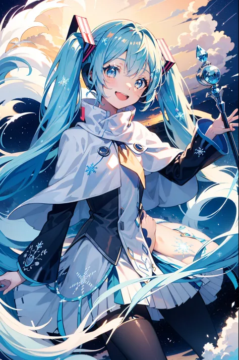 yukimiku2014, smiling, open mouthed smile, winter, flying, rim lighting, snowy, holding a magical wand, casting magic spell, clo...