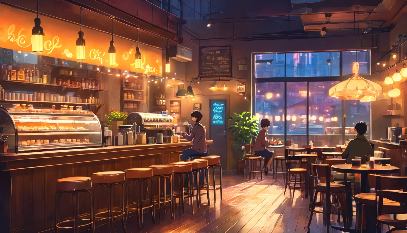 Anime cafe with a lot of people sitting at tables and a bar - SeaArt AI