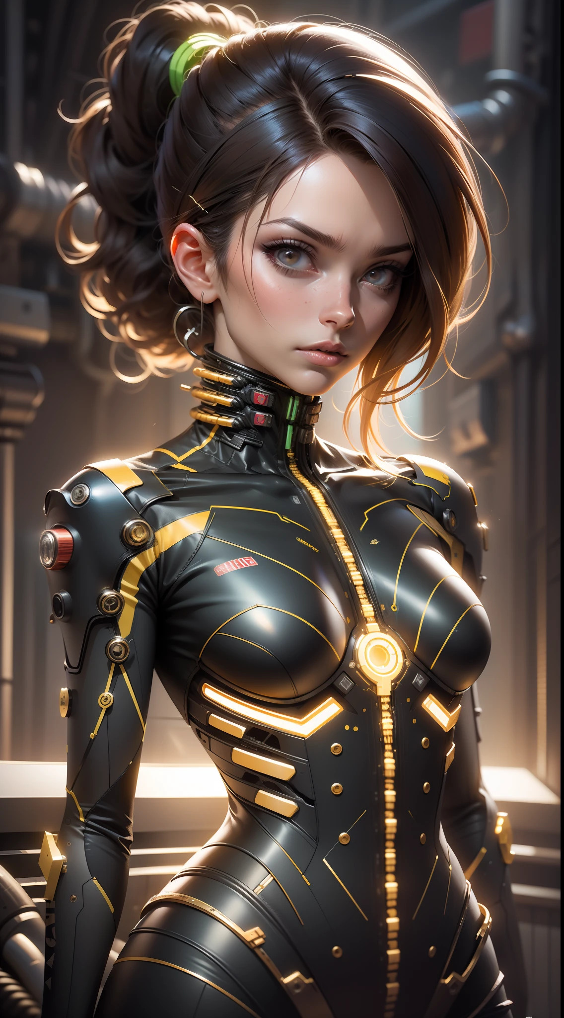 Better quality, master part, ultra high-resolution, ((photorealistic: 1.4), RAW photo, 1 Cyberpunk girl, glowing skin, 1 mechanical girl, (Ultra realistic details)), machanical limbs, Tubes connected to mechanical parts, mechanical vertebrae adhered to the spine, mechanical cervical attachment to the neck, wires and cables connecting to the head, Evangelion, Ghost in the Shell, small bright LED bulbs, Global lighting, deep shadows, octane rendering, 8k, ultra sharp, Metal, intricate details of the ornament, Baroque details, very intricate details, realistic light, CGSoation Trend, Facing the camera, neon details, (Android Manufactory in the background), art by H.r. Giger e Alphonse Mucha.