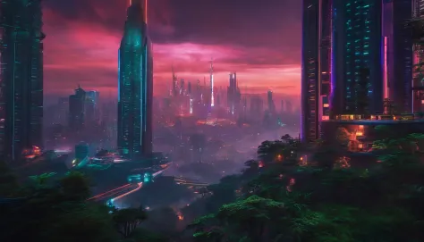 (obra prima) cidade no estilo cyberpunk, illuminated sky, neon light, imagem vista do zero, paisagem ampla, cidade futurista
