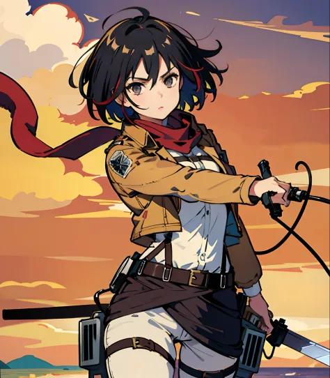 masterpiece, best quality, highres, hmmikasa, open jacket,short hair, black eyes, scarf, emblem, belt, thigh strap, red scarf, , cowboy shot, standing, on the beach, tall girl, 4k, beautiful lighting, detailed face,holding weapon, sword, dual wielding, three-dimensional maneuver gear, fighting stance,colorful,cinematic light,vivid,impact,petal