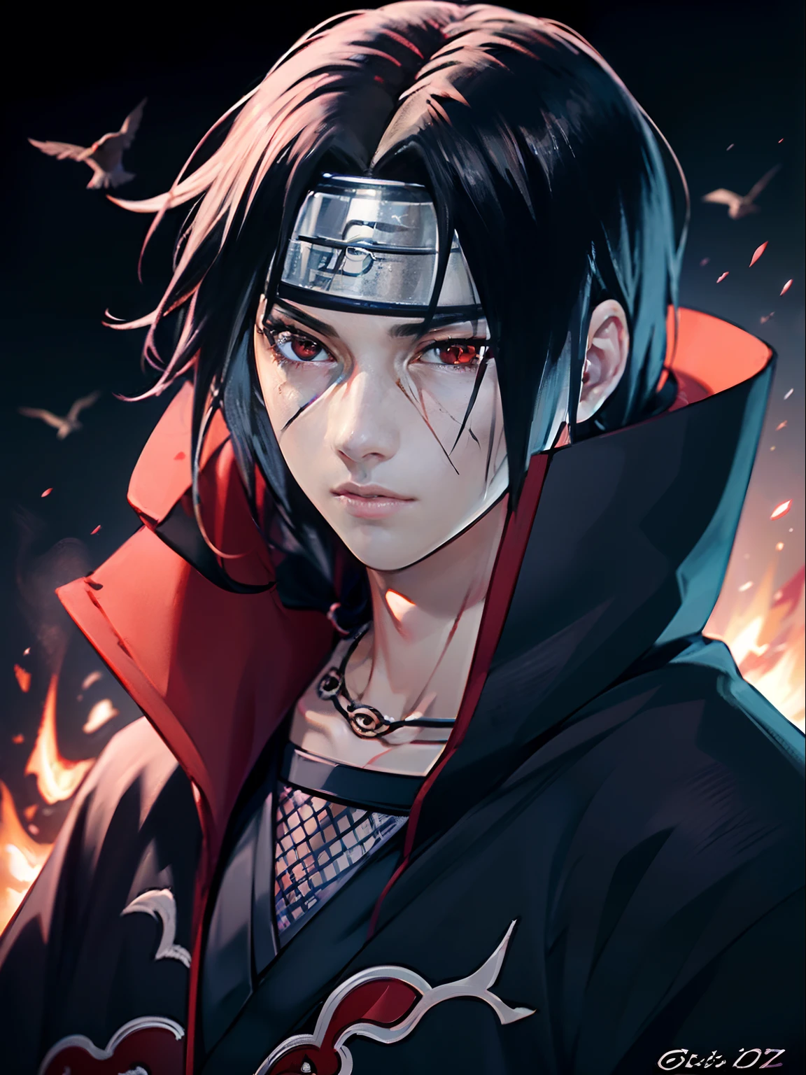(masterpiece, best quality, high resolution,grainy:1.2), 
BREAK (uchiha itachi:1.3), long hair,forehead protector, ninja, cloak, high collar, jewelry, necklace,black hair ,red eyes , male, 1boy, black smoke surrounding, covered in black smoke, glowing eyes,
BREAK crows, turning into crows, (surrounded by crows:1.1),