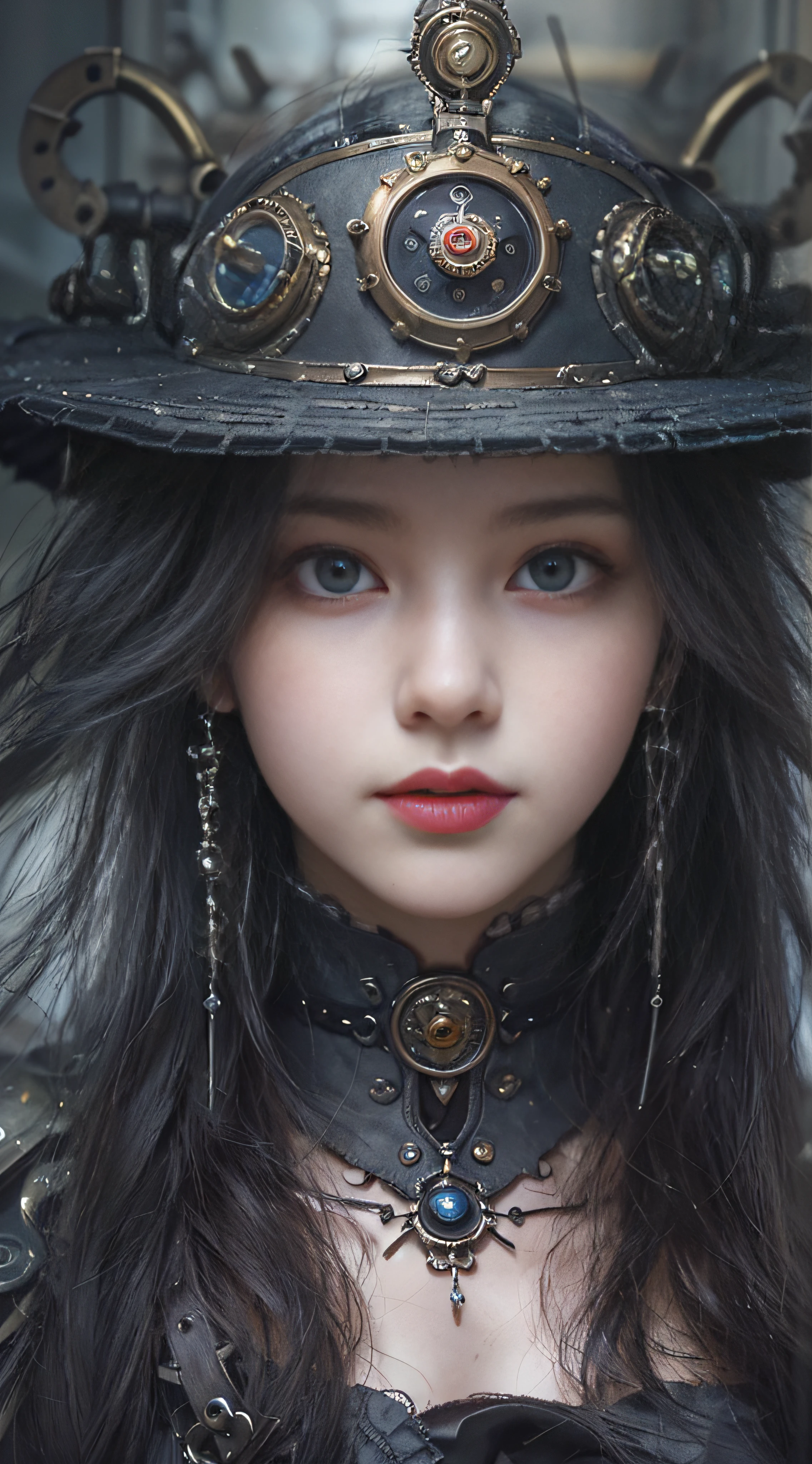 (((Masterpiece, top quality, ultra-detailed))), (((1 Infinity Mage Girl))), 14 years old, (((very detailed face))), small thin nose, small thin-lipped mouth, (((very sharp focused eyes))), very large slit precision pale grey eyes, sparkling like jewels. Very long eyelashes, long black hair in black vertical curls, with fringes, ((Steampunk fashion, Gothic Lolita fashion))