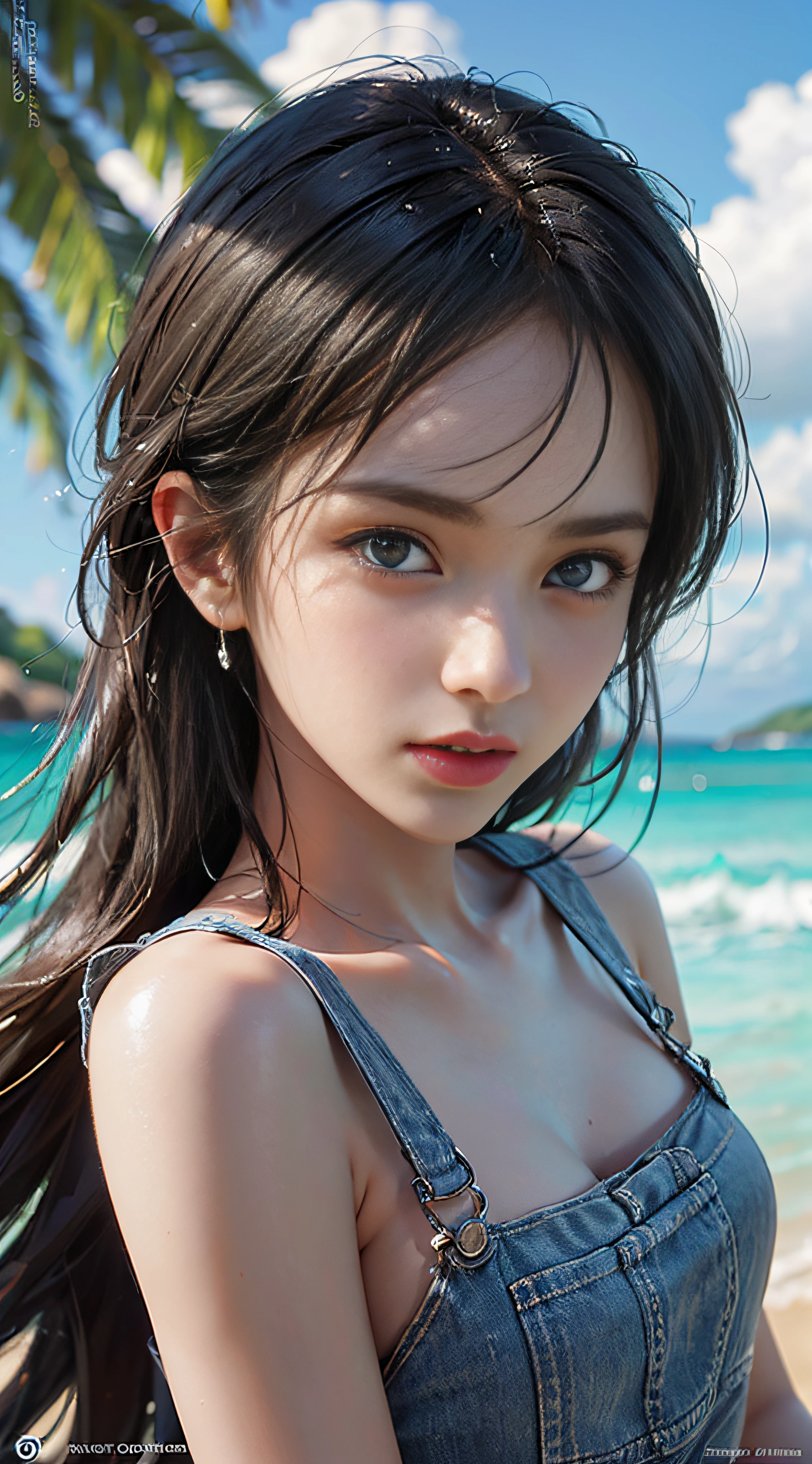 (((Masterpiece, top quality, super detailed face))), (((highly detailed face))), woman in frilly white bikini, attractive and slender body model, (((very sharp focused eyes))), large precise black eyes shining like jewels, long eyelashes, short black hair, thick bangs, no makeup, small thin nose, small thin lip mouth, blue ocean and white sand beach, blue sky and incoming clouds, (((overall accuracy dramatically improved, creating ultra detailed and realistic images))), HDR (High Dynamic Range), ray tracing, NVIDIA RTX, ultra resolution, Unreal 5, Subsurface scattering, PBR texturing, post-processing, anisotropic filtering, depth of field, maximum clarity and sharpness, multi-layer textures, albedo and specular maps, surface shading, accurate Simulated Light Material Interaction, Perfect Proportions, Octane Rendering, Two Tone Lighting, Wide Aperture, Low ISO, White Balance, Rule of Thirds, 16K RAW,