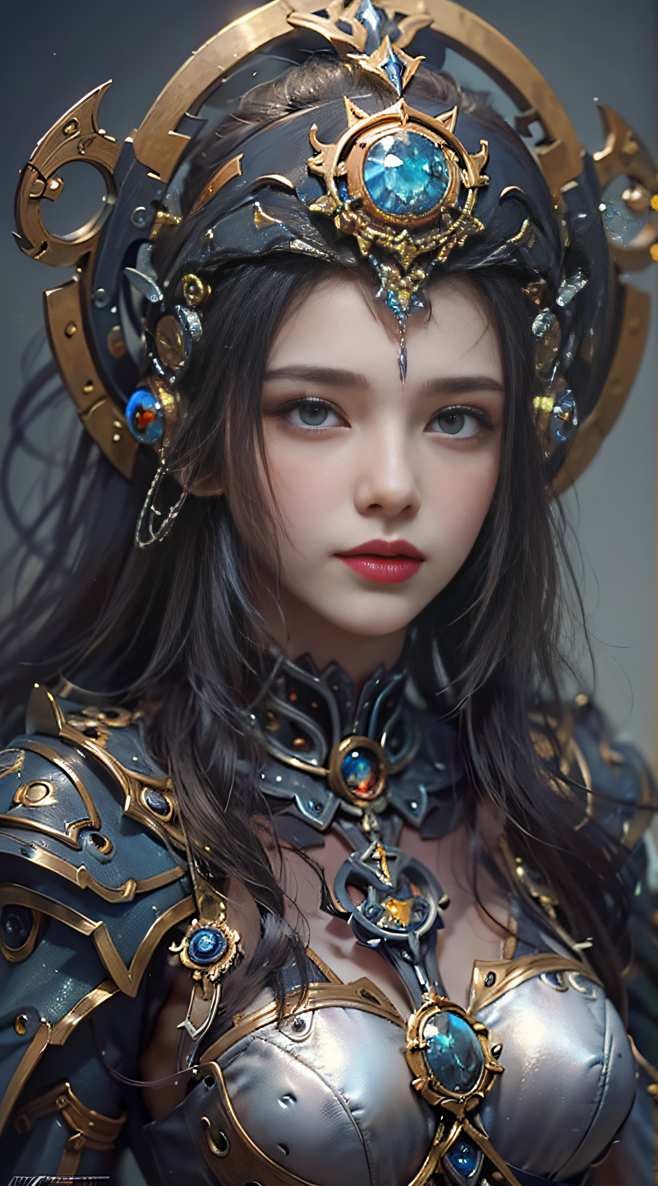 (((Masterpiece, top quality, super detailed))), (((One endless mage girl, 14 years old, radiating magic))), (((complex mechanical headgear, complex mechanical steampunk fashion and overdecorated gothic fashion and neon glitter cyberpunk fashion fusion of))), bust-up photos, ((((very detailed face))), (((very sharp focused eyes))), very large slit dark gray eyes that shine like jewels. Very long eyelashes, long dark hair in vertical curls, thick bangs, perfect princess cut, very gorgeous tiara, (((perfectly accurate human anatomy))), long neck, narrow shoulders, long slender arms, small breasts, very narrow waist, very small buttocks, long slender legs, (((overall accuracy has been dramatically improved, creating super detailed, realistic and realistic images)))), (((magic, magic spell light, magic weapon))), dynamic poses, cinematic lighting,