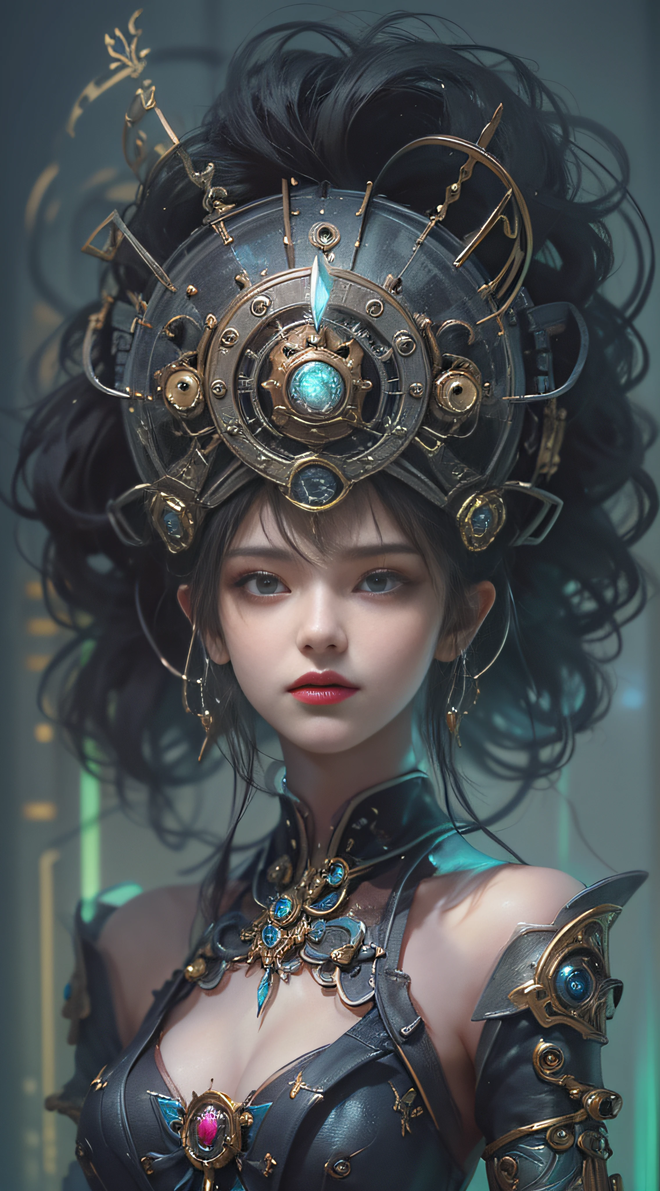 (((Masterpiece, top quality, super detailed))), (((One endless mage girl, 14 years old, radiating magic))), (((complex mechanical headgear, complex mechanical steampunk fashion and overdecorated gothic fashion and neon glitter cyberpunk fashion fusion of))), bust-up photos, ((((very detailed face))), (((very sharp focused eyes))), very large slit dark gray eyes that shine like jewels. Very long eyelashes, long dark hair in vertical curls, thick bangs, perfect princess cut, very gorgeous tiara, (((perfectly accurate human anatomy))), long neck, narrow shoulders, long slender arms, small breasts, very narrow waist, very small buttocks, long slender legs, (((overall accuracy has been dramatically improved, creating super detailed, realistic and realistic images)))), (((magic, magic spell light, magic weapon))), dynamic poses, cinematic lighting,