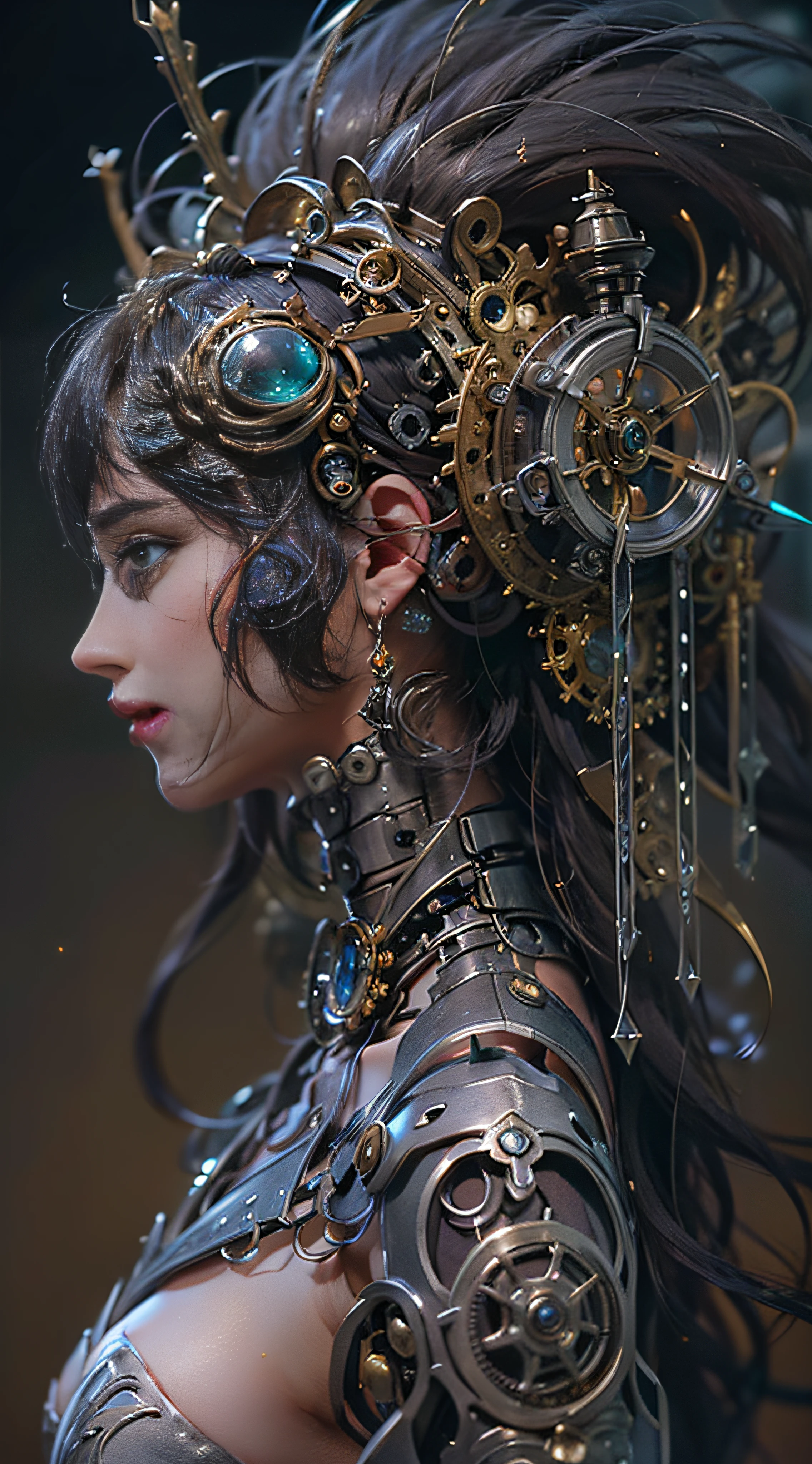 (((Masterpiece, top quality, super detailed))), (((One endless mage girl, 14 years old, radiating magic))), (((complex mechanical headgear, complex mechanical steampunk fashion and overdecorated gothic fashion and neon glitter cyberpunk fashion fusion of))), bust-up photos, ((((very detailed face))), (((very sharp focused eyes))), very large slit dark gray eyes that shine like jewels. Very long eyelashes, long dark hair in vertical curls, thick bangs, perfect princess cut, very gorgeous tiara, (((perfectly accurate human anatomy))), long neck, narrow shoulders, long slender arms, small breasts, very narrow waist, very small buttocks, long slender legs, (((overall accuracy has been dramatically improved, creating super detailed, realistic and realistic images)))), (((magic, magic spell light, magic weapon))), dynamic poses, cinematic lighting,