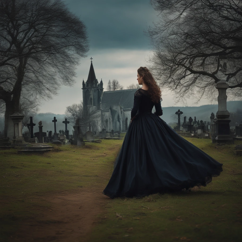 A woman in a long black dress standing in a cemetery - SeaArt AI