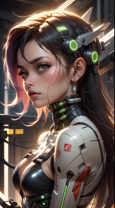 Qualidade Superior, master part, ultra high-resolution, ((fotorrealista: 1.4), Foto rAW, 1 cyberpunk android menina, pele brilha...