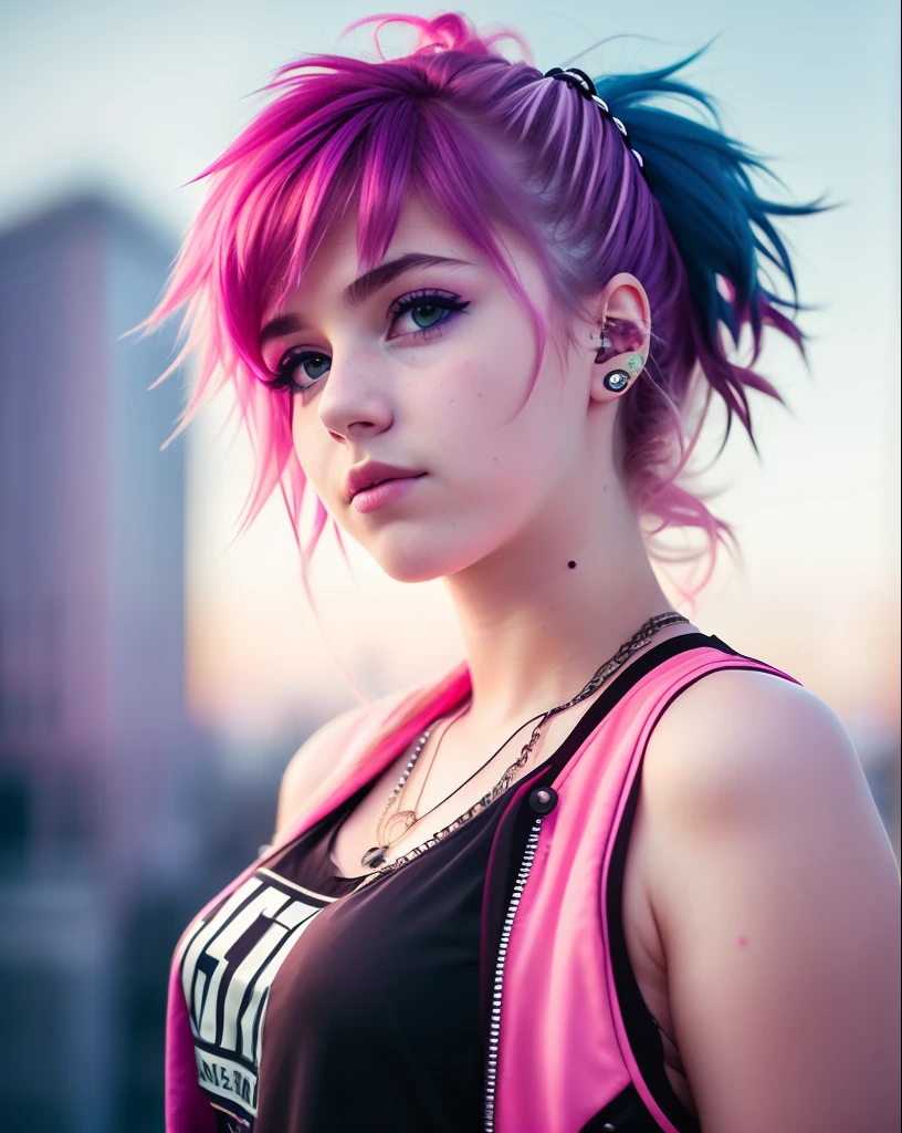 8k,1 fille punk, dans le ciel, Avec des cheveux mignons sur le côté, texture de la peau, lumières de la ville, Néon, gros plan du visage, Des détails flous en arrière-plan, lumière naturelle douce, nffsw, photo réaliste, photographie professionnelle, flirter avec les téléspectateurs, Vent