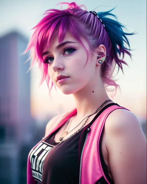 8K,17-year-old punk girl, In the sky, With side cute hair, Skin Texture, city light, Neon light, Detail Face, Blurred background...