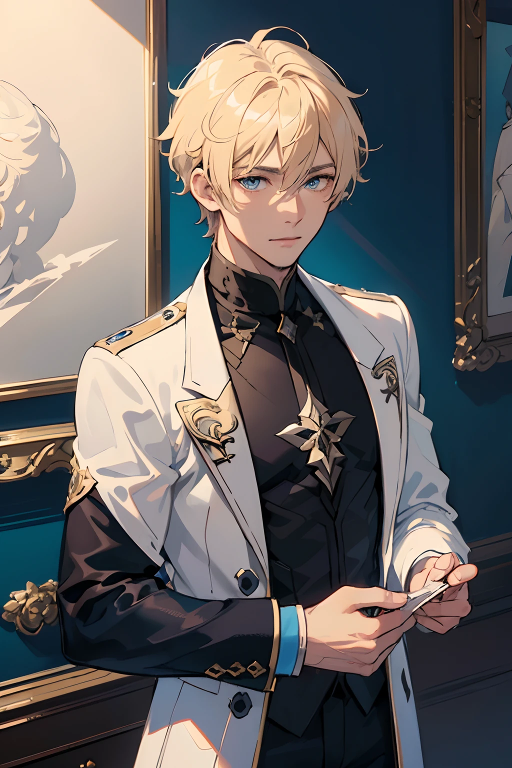 (masterpiece, best illustration, extreme light and shadow), a beautiful man, ((light Skin )) , short hair   , blue eyes , blonde hair , Clothing in the style of Honkai Star Rail , Has stubble  ,