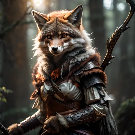 There is a woman dressed as a fox with a sword, uma raposa antro, Retrato de uma raposa antro, female fox, uma bela raposa senho...