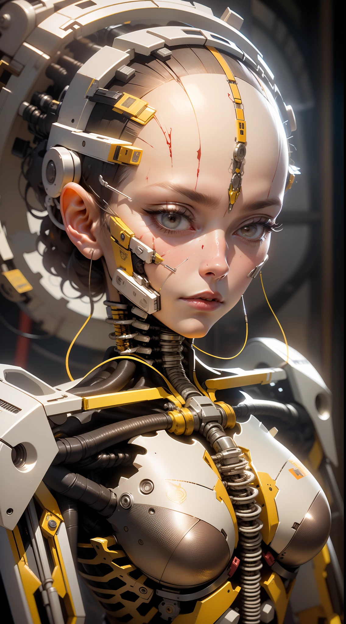 (((masterpiece))), ((((best quality)))), (((ultra-detailed))), (highly detailed CG illustration), ((an extremely delicate and beautiful face)),(cute and delicate face), cinematic light, ((1 mechanical girl)), solo, whole body, (machine-made joints: 1.4), ((mechanical limbs)), (blood vessels connected to tubes), ((mechanical vertebra attached to the back)), ((mechanical cervial attached to the neck)),((sitting)),without expression,(wires and cables attached to the head and body:  1,5),(focus on the character),science fiction, giant oval bald head, lots of intricate gears, Ginger art.