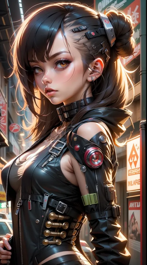 Garota anime em um terno futurista com um cabelo vermelho e preto, cyberpunk menina anime mech, mulher ciborgue perfeita do anim...