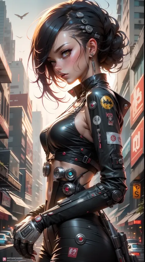 Garota anime em um terno futurista com um cabelo vermelho e preto, cyberpunk menina anime mech, mulher ciborgue perfeita do anim...