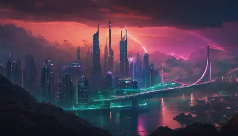 (obra prima) cidade no estilo cyberpunk, illuminated sky, neon light, imagem vista do zero, paisagem ampla, cidade futurista