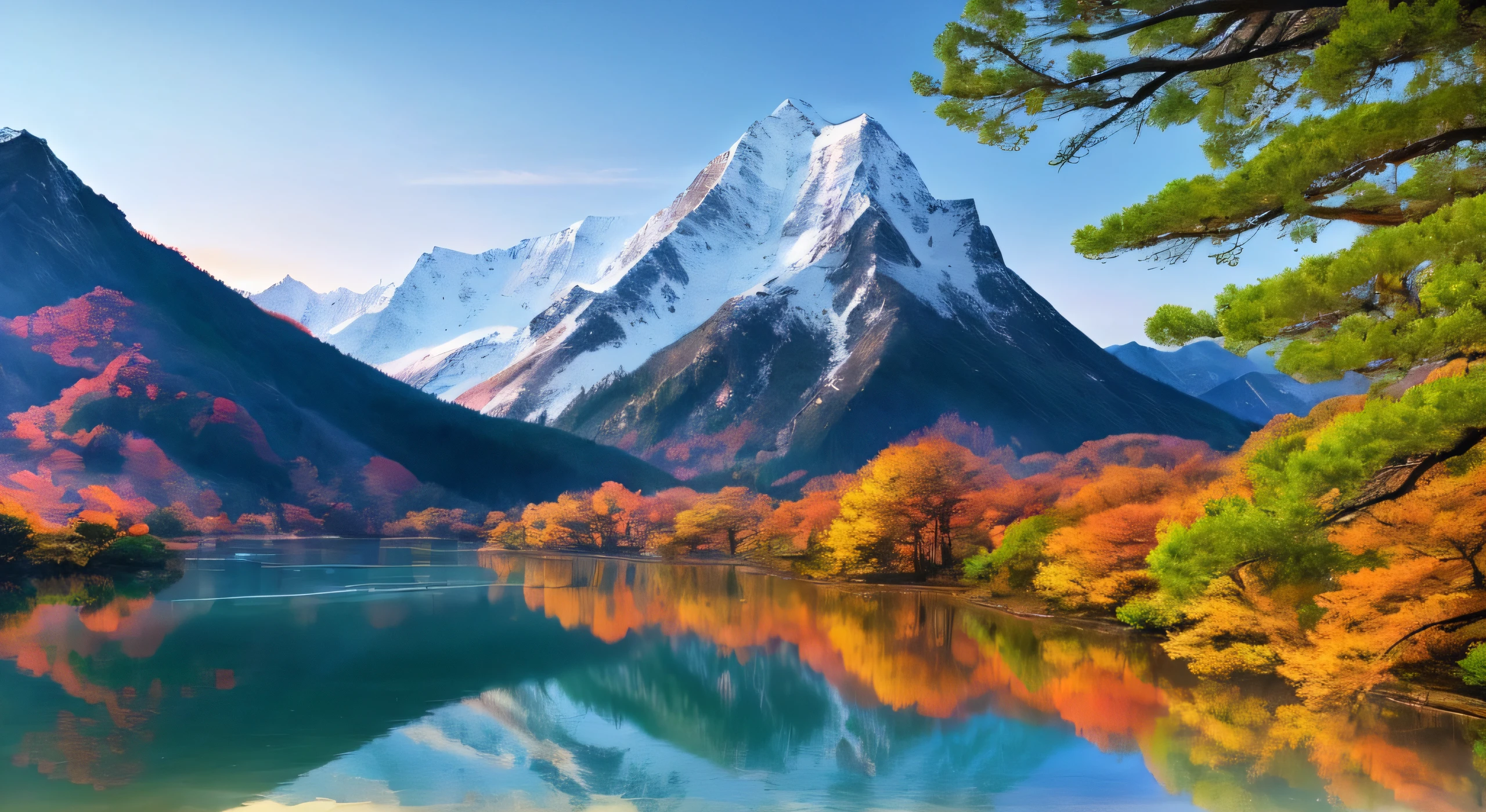 a beautiful korean mountain with lake, (masterpiece), (portrait), (raw photo), (extremely detailed CG unity 8k wallpaper) Intricate, Sharp focus, dramatic, photorealistic  art