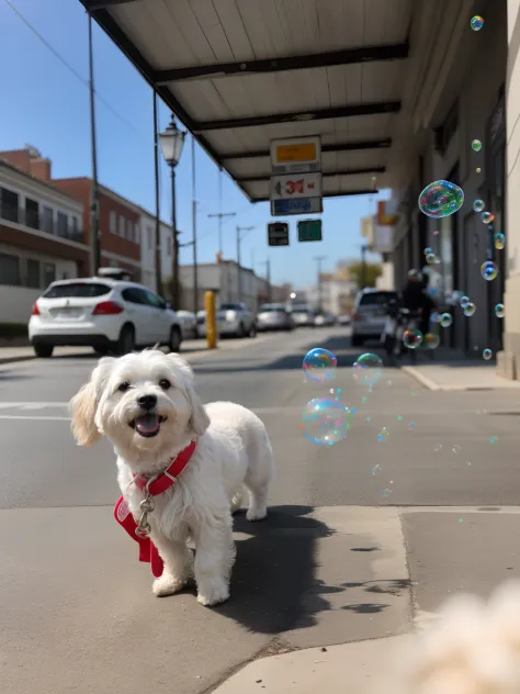 There is a small white dog standing on a sidewalk with bubbles, burbujas por todas partes,Brillando a la luz del sol,