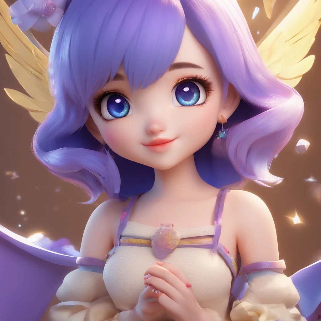 cute, chibi, big breasts, purple sweater, snow white skin, cerulian blue hair, blue eyes, angel wings, fluffy blue tail, lavander upside down triangle marking on forehead