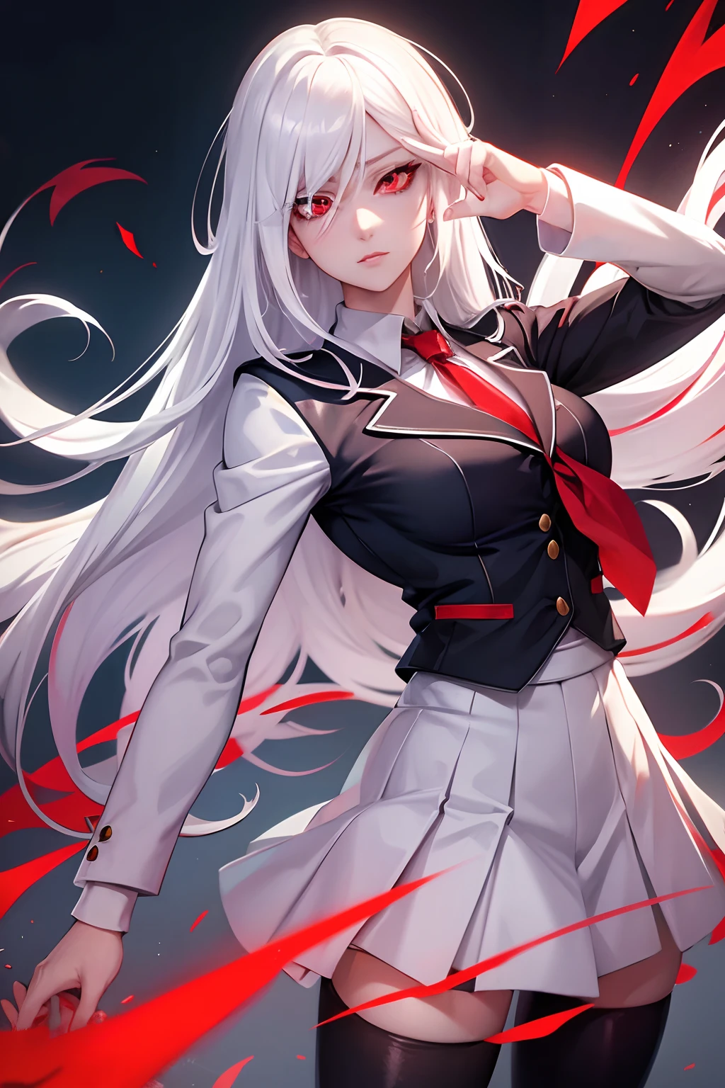 white hair, red eyes, woman, school uniform, jojo pose, white hair, red eyes, long hair