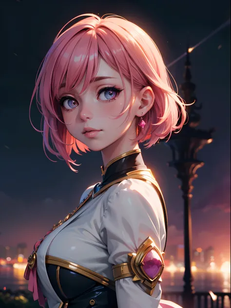 (librazodiacwoman,pink colour scheme,shorthair,celestial beauty, beautiful outfit,unique eyes,gems,kawaii style,ethereal glow,romantic vibes,airyatmosphere)(best quality,4k,8k,highres,masterpiece:1.2),ultra-detailed,(realistic,photorealistic,photo-realisti...
