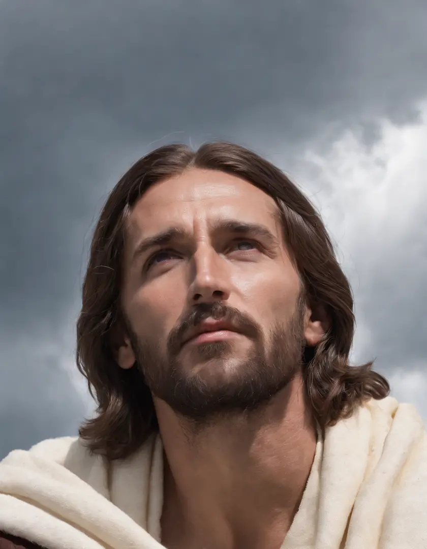A photorealistic photo capturing Jesus on the cross, with a bird's-eye view looking straight down at Him. Crown of thrones. The focus of the image is on Jesus' face as He gazes up at the heavens, gasping for air in the midst of His crucifixion. The scene i...